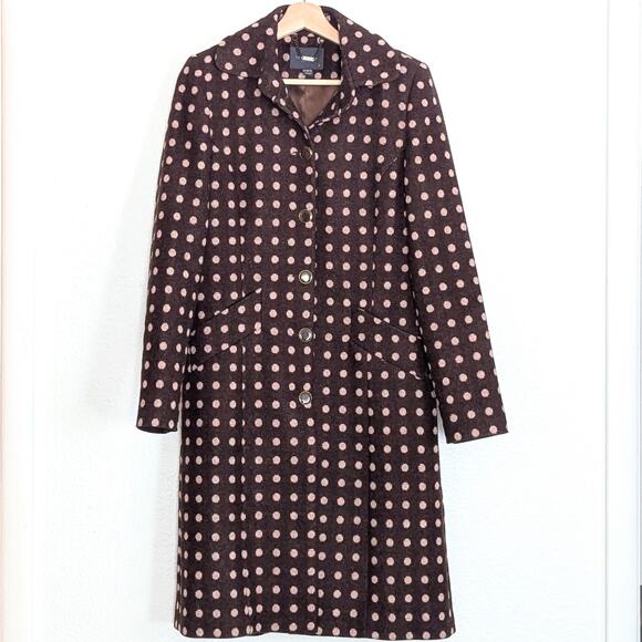 Ted Baker London Lambswool Coat Women Size 3 Long Trench Polka Dot Brown Cream - Picture 1 of 12